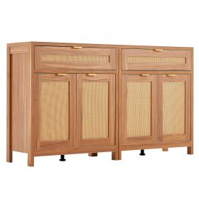 Rattan Cabinet with 4 Doors 2 Drawers Adjustable Shelves Set of 2 Natural