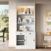 83.4"Tall Bookshelf with LED Lighting, Modern Bookcase with Sliding Doors and Open Shelves,Storage Bookshelf for Living Room,Home Office,White