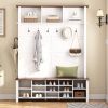 ON-TREND Farmhouse 4-in-1 Hall Tree with 6 Hooks, Practical Walnut Entryway Bench with Adjustable Shelves