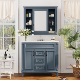 36'' Bathroom Vanity with Top Sink, Royal Blue Mirror Cabinet, Modern Bathroom Storage Cabinet with 2 Soft Closing Doors and 2 Drawers (Color: as Pic)
