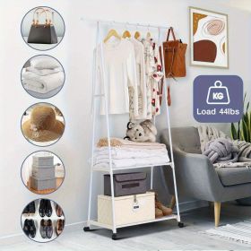 Stainless Steel Rolling Garment Rack with 2-Tier Shelves and 2 Hooks, Portable Metal and Plastic Clothes Organizer (White: 1 PC)