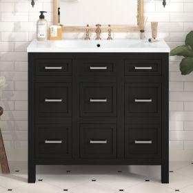 36" Bathroom Vanity Cabinet with Resin Integrated Sink - 4 Drawers, 2 Doors (Color: Black, Material: Solid Wood+MDF+Resin)