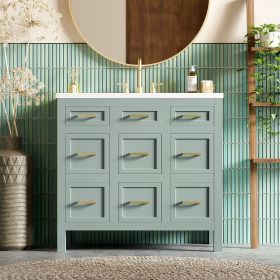 36" Bathroom Vanity Cabinet with Resin Integrated Sink - 4 Drawers, 2 Doors (Color: Green, Material: Solid Wood+MDF+Resin)